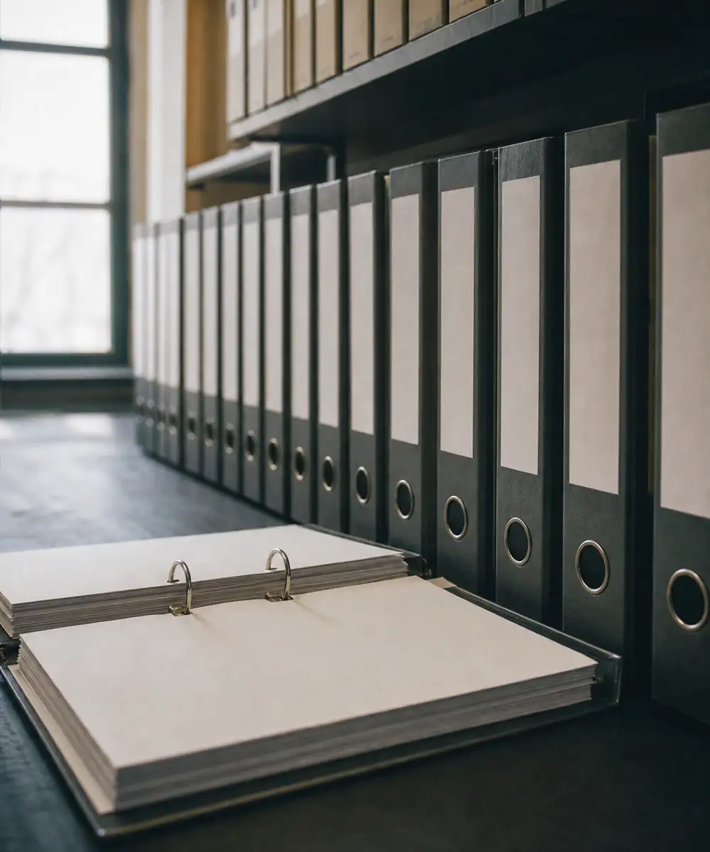 Indexed due-diligence binders in a data room, where M&A advisor PI and W&I cover differ