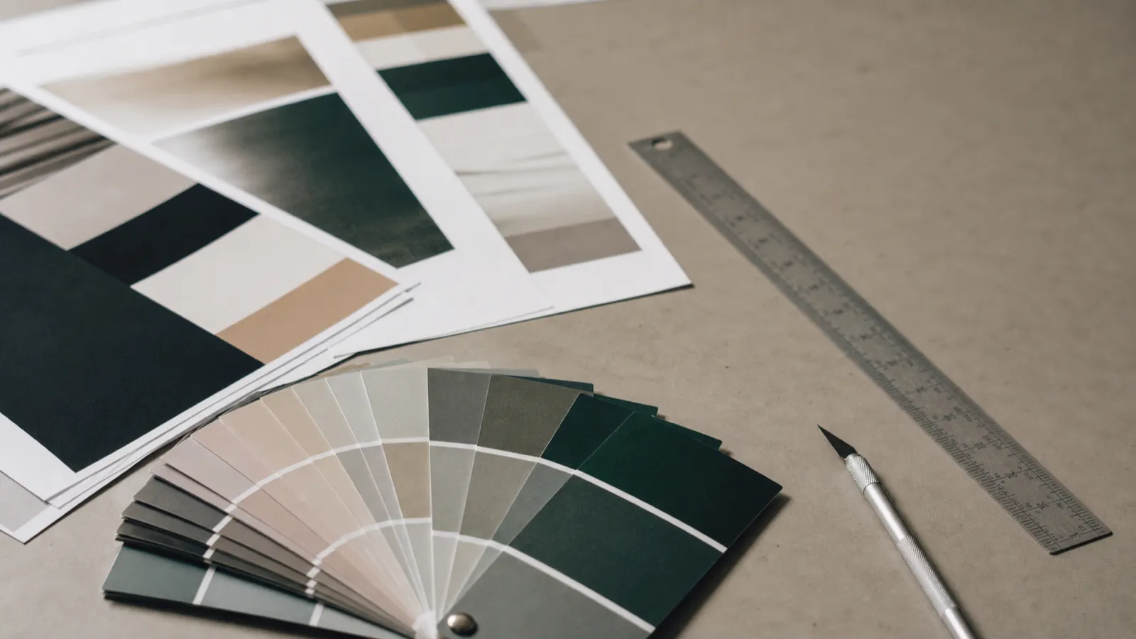 Brand proofs and colour swatches on a marketing consultant's desk