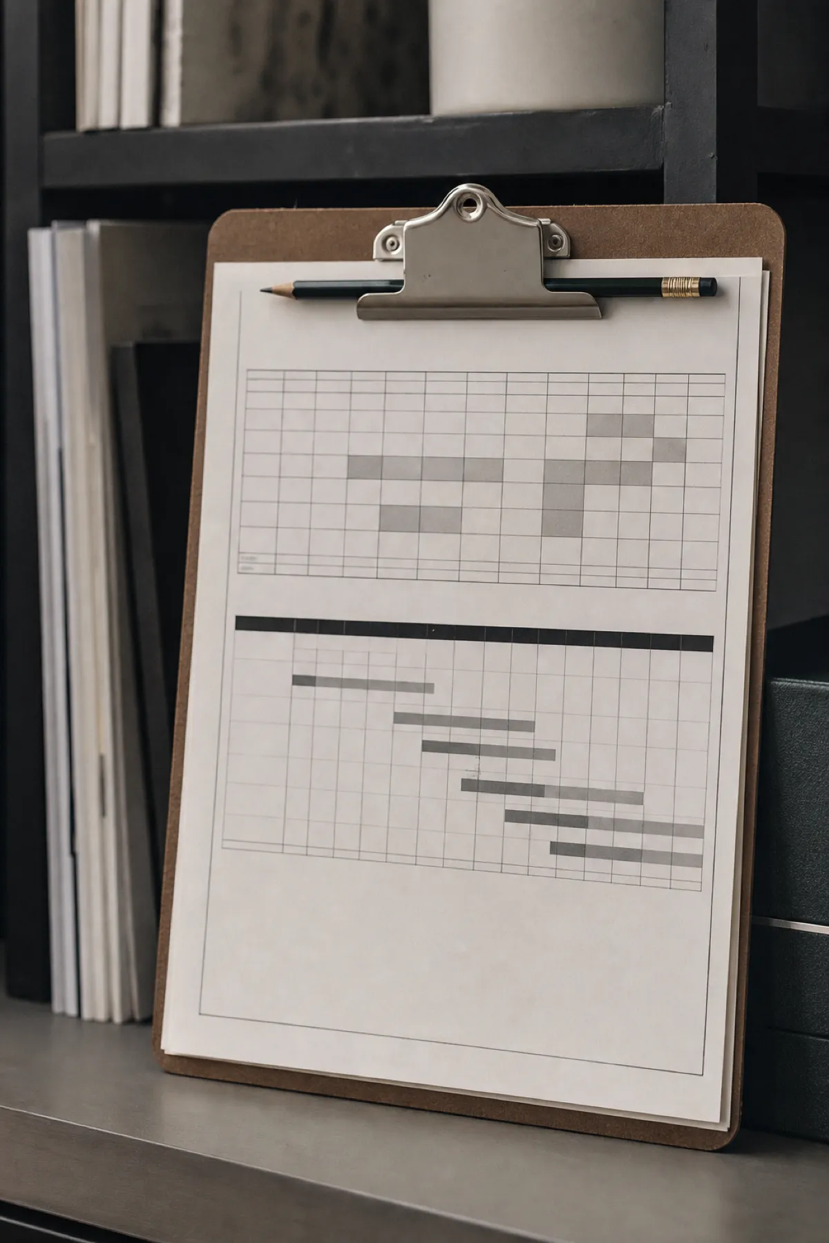 Printed media schedule on a clipboard, campaign delivery work behind marketing consultant PI cover