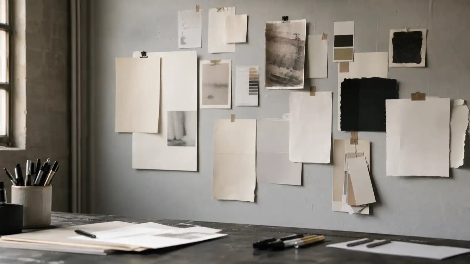 Campaign mockups pinned to a studio wall, the creative work marketing consultant PI insurance covers