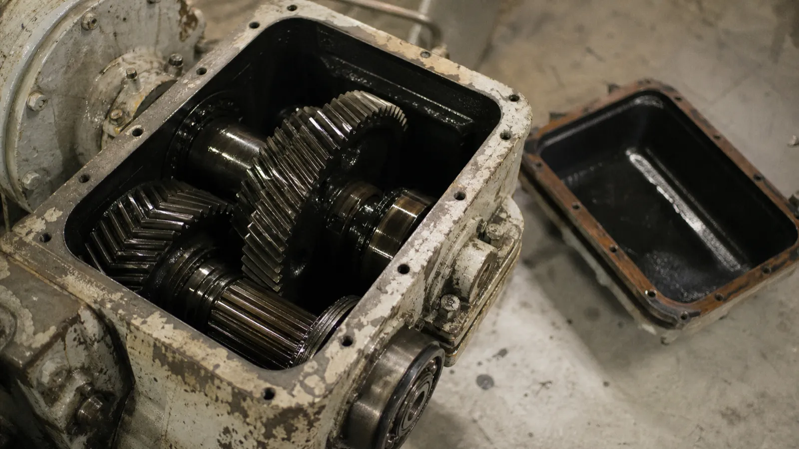 Open industrial gearbox with helical gears - mechanical design risk