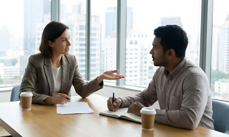 Insurance broker discussing public liability coverage options with a business client in a professional office meeting