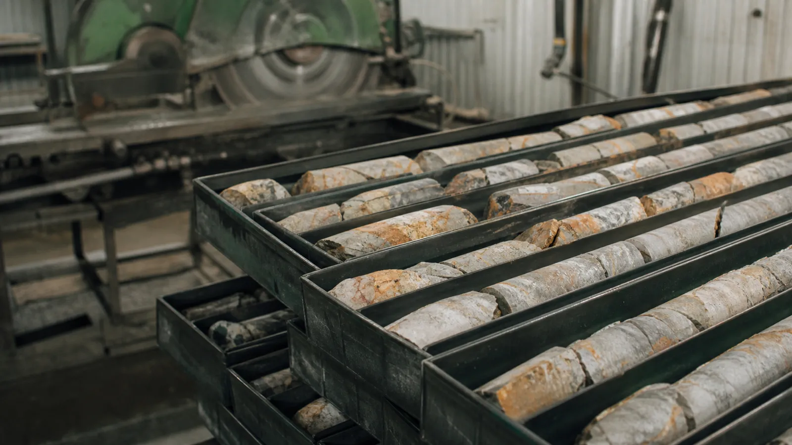 Diamond drill core trays in a core shed - mining engineering risk