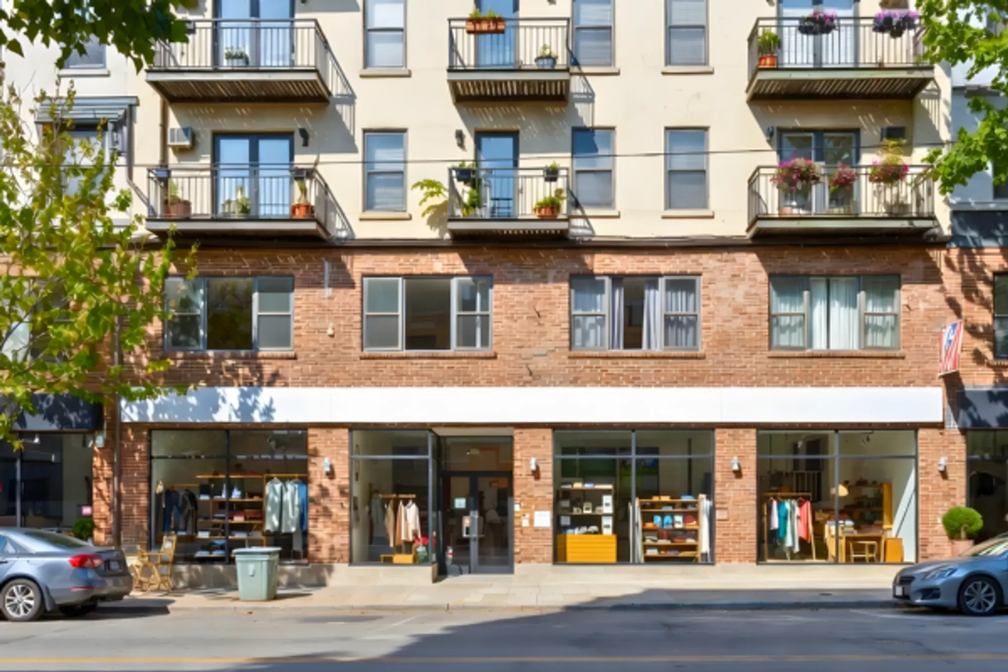 Mixed-use brick building with ground-floor retail shop and apartments above