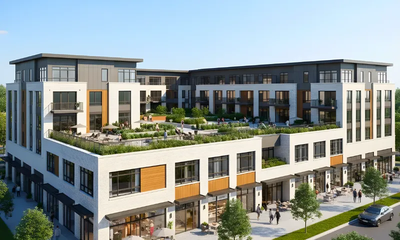 Prominent brick corner building in a city center with retail shops under red awnings and multiple floors of residential apartments.