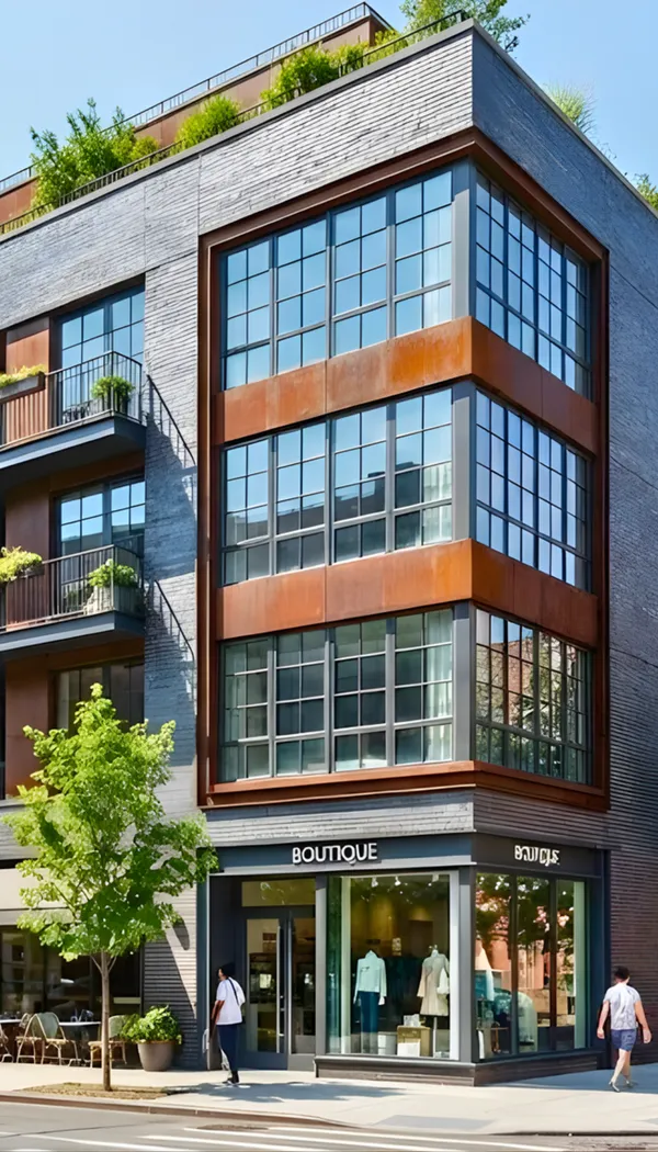 Contemporary mixed-use building with a corner boutique shopfront, distinctive weathered steel accents, and residential balconies.