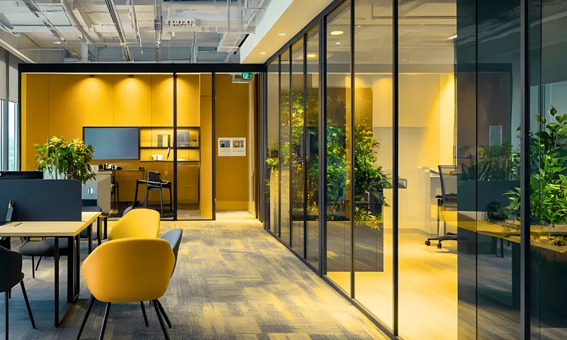 Modern open-plan office interior with floor-to-ceiling glass partitions and contemporary furniture