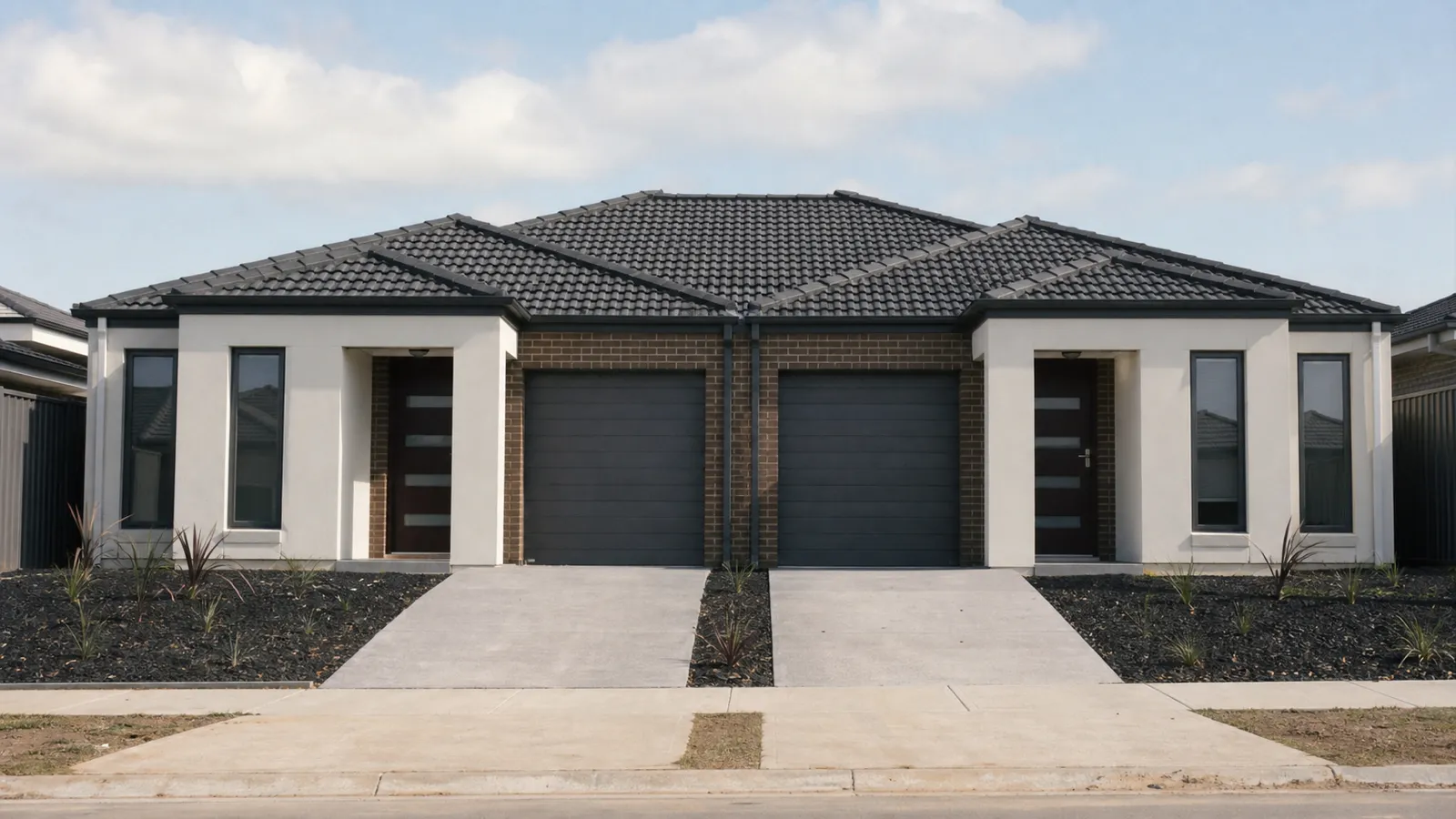 Modern duplex with two entrances and garages for multi dwelling insurance