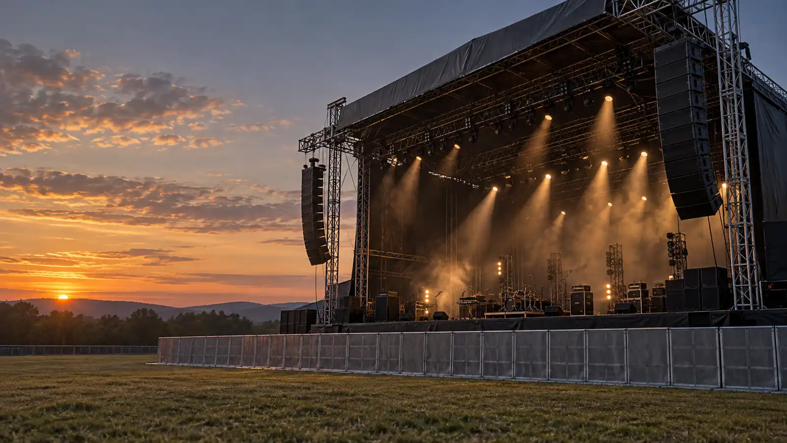 Festival stage lighting rig and speakers at dusk, music festival and concert insurance