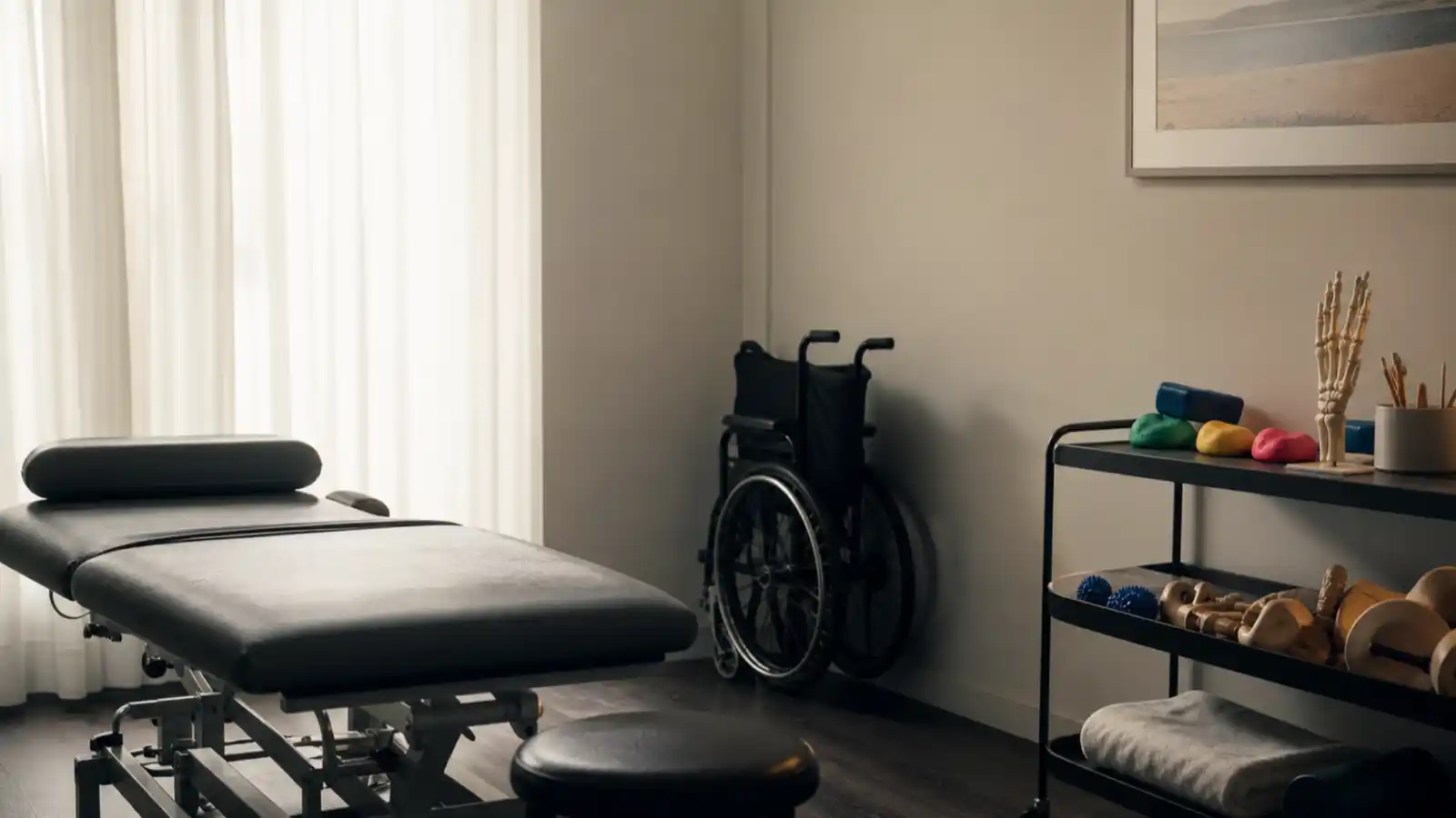 Allied-health therapy room with plinth and mobility aids, the setting occupational therapist PI insurance covers
