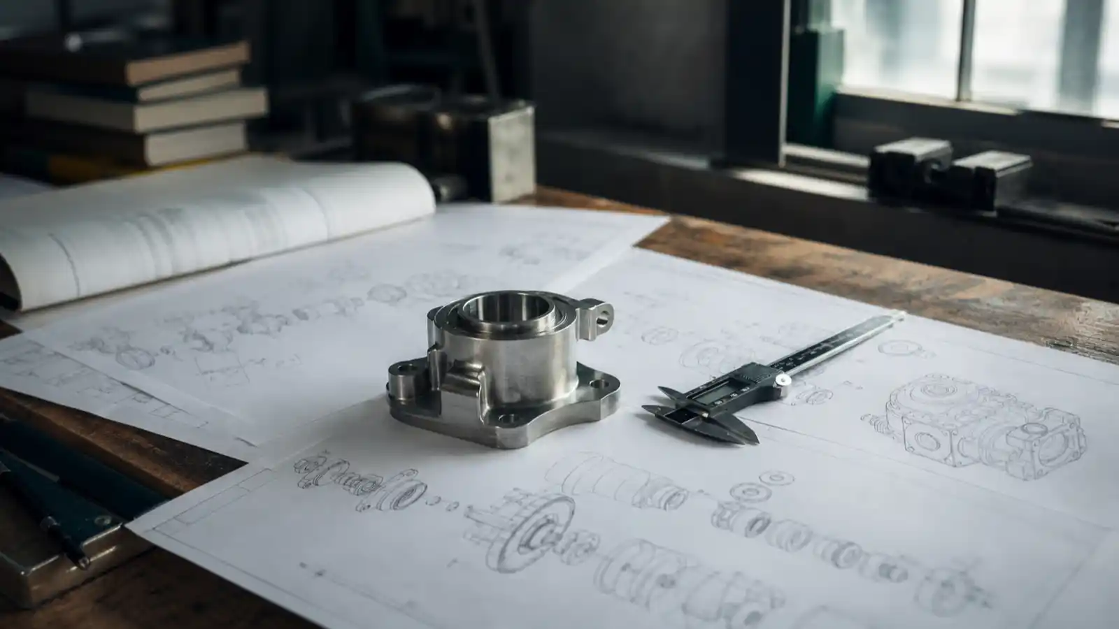 Technical drawings and a prototype part on a patent attorney's desk, work PI insurance covers