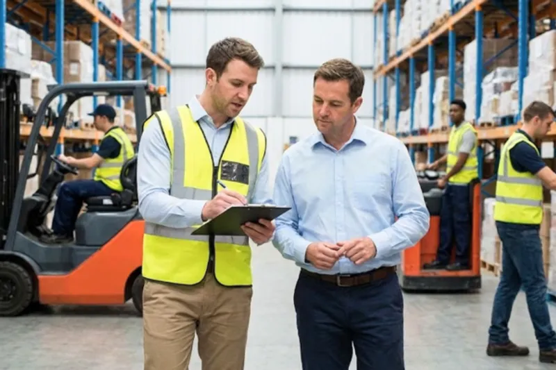 Insurance broker in high-visibility safety gear conducting an on-site risk assessment in a busy warehouse.