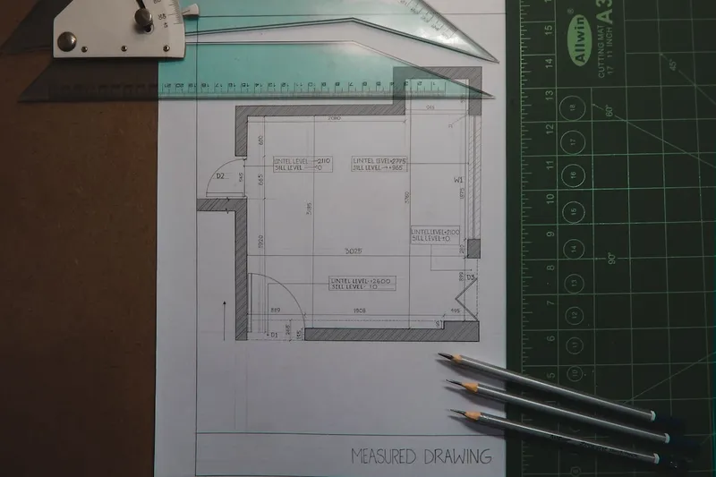 Technical floor plan drawing with ruler and pencils representing draftsperson professional work