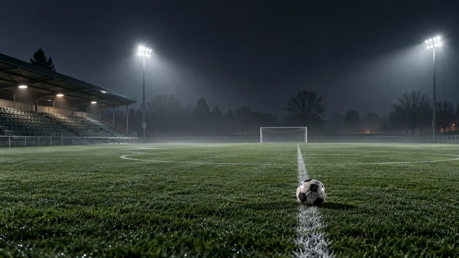 Football on halfway line at an empty floodlit ground, prize indemnity for half-time challenges and promotions