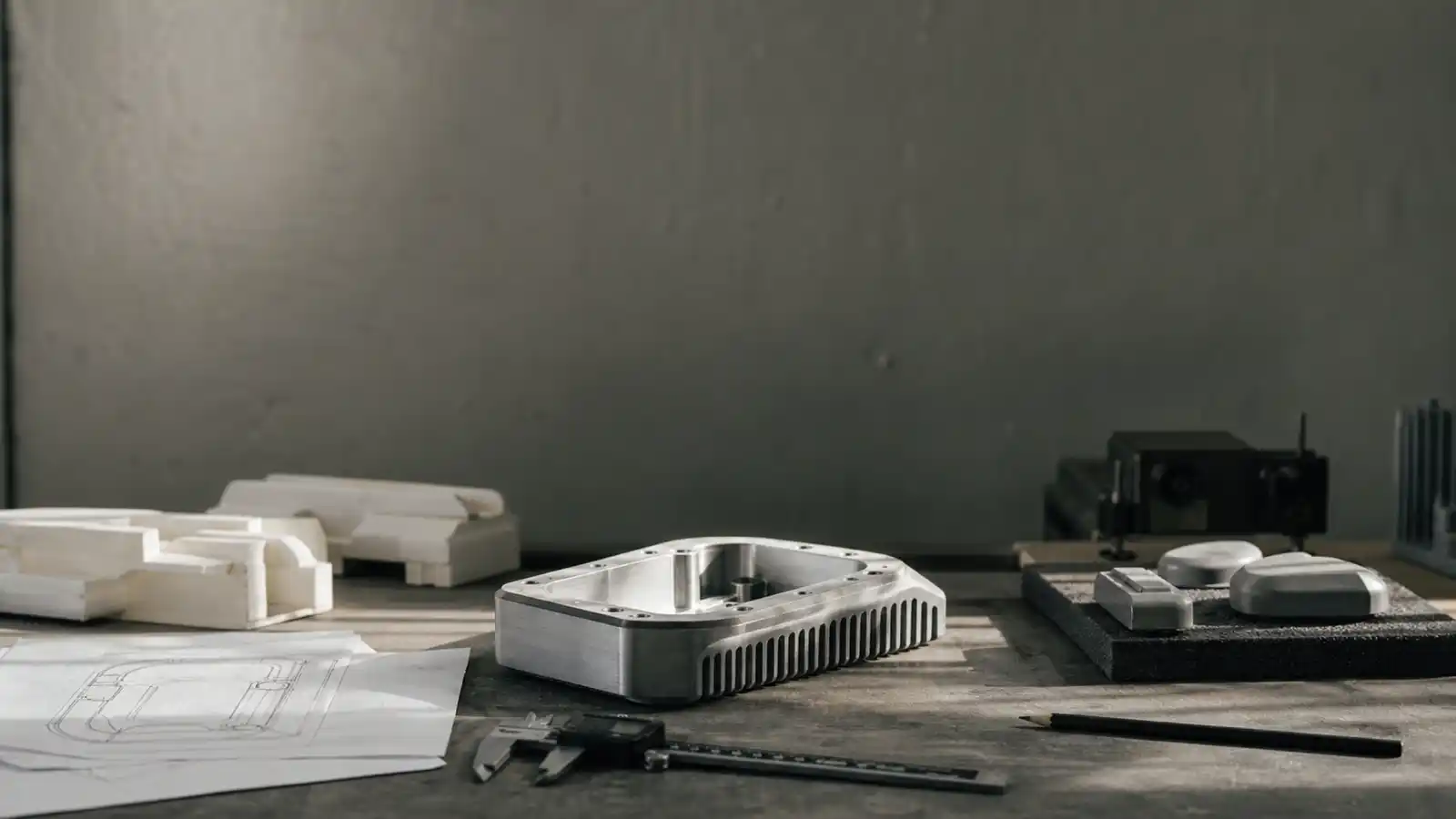 Prototyping workbench with models and callipers - product design engineer PI insurance