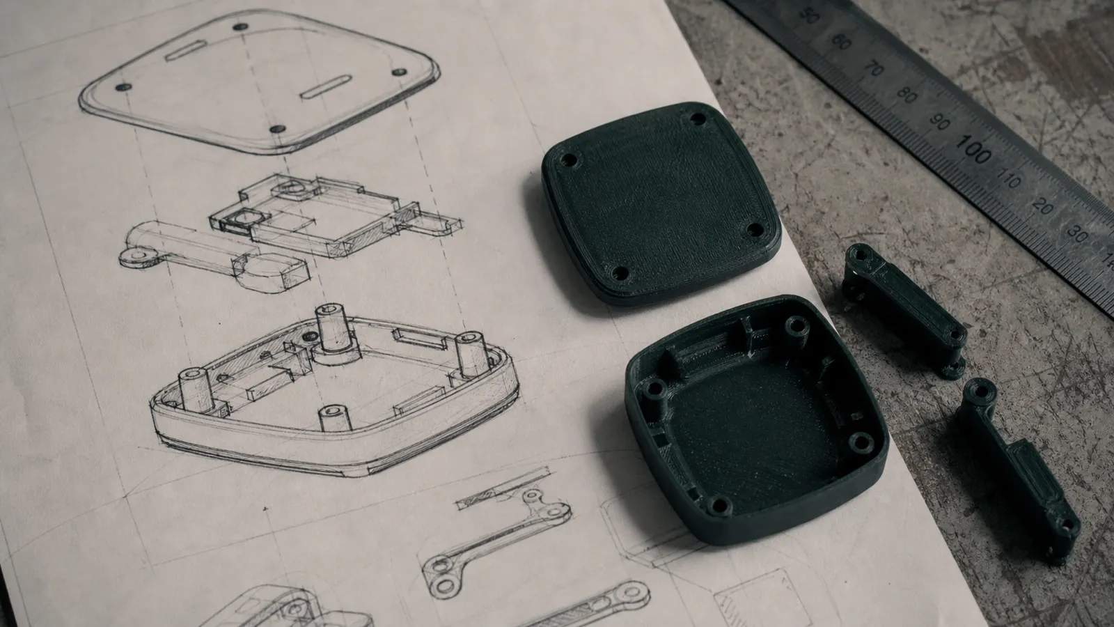 Design sketches and 3D-printed prototypes - PI cover for product design engineers