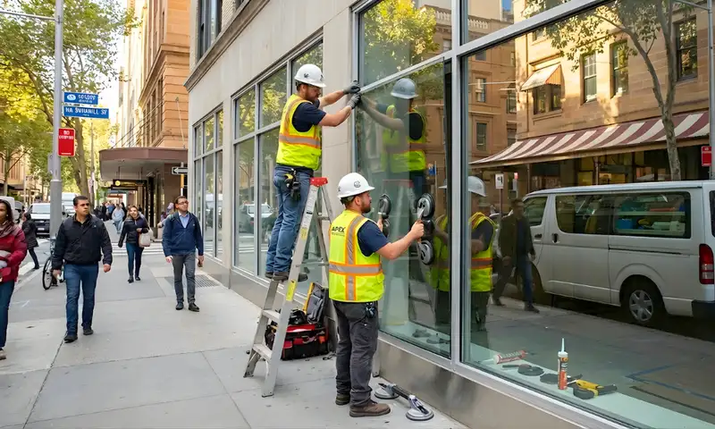 Professional glaziers installing replacement shopfront glass window on a busy city street