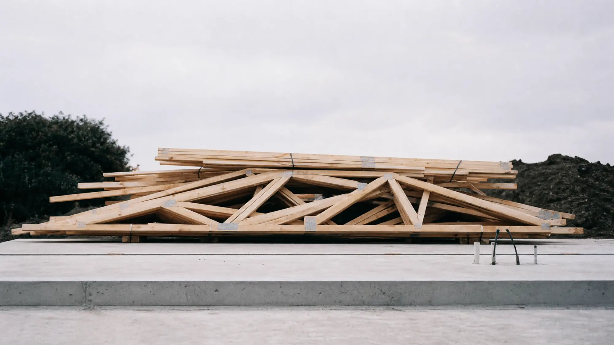 Stack of roof trusses beside a house slab - project-specific contract works insurance