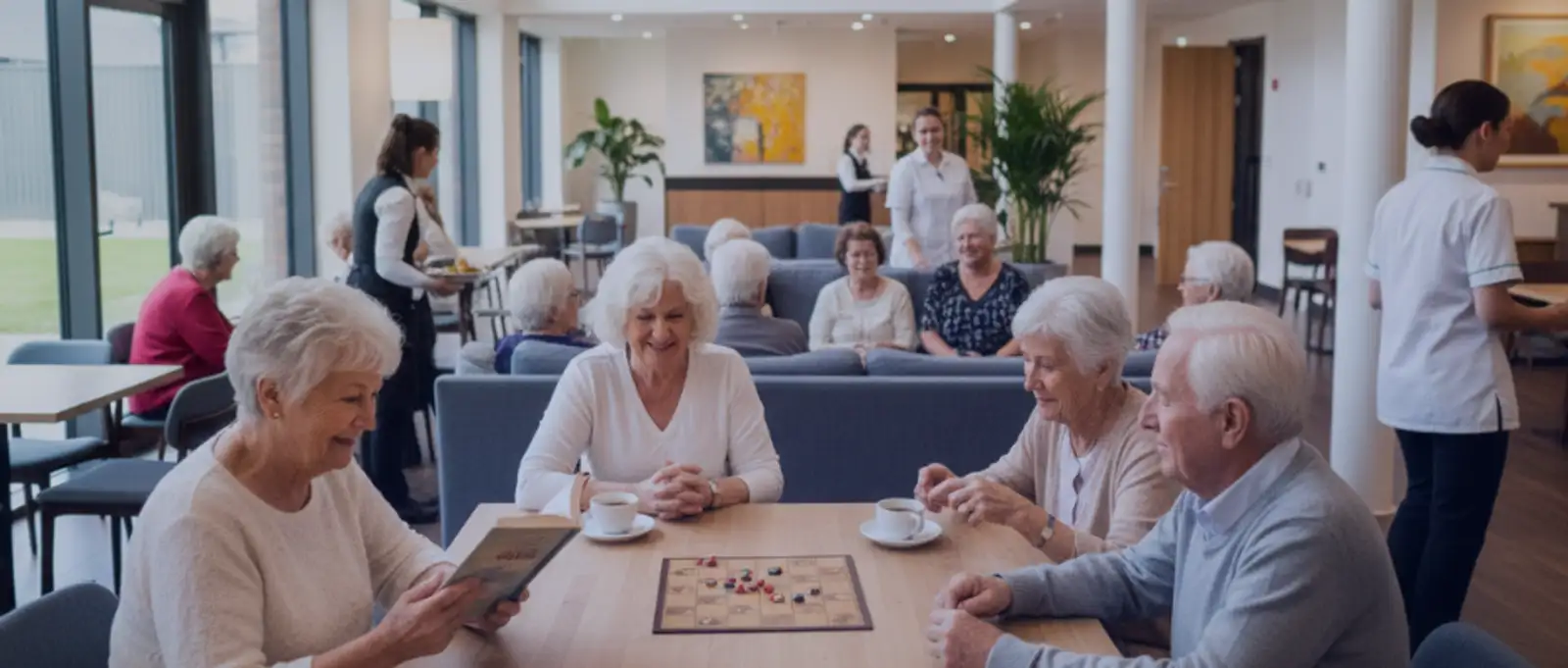 Senior residents socializing in a common area of a residential aged care facility, highlighting the importance of public liability insurance for communal living spaces.