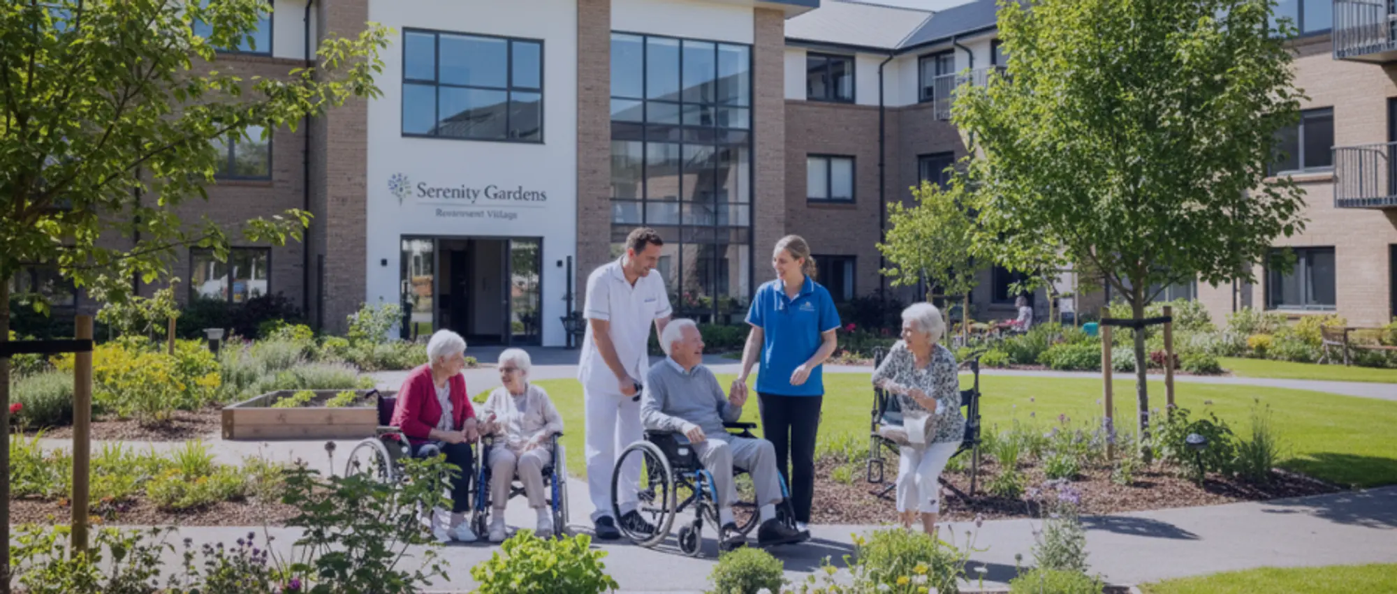 Elderly residents and staff in the garden of a retirement village, illustrating the need for comprehensive asset protection and liability insurance for retirement living communities.