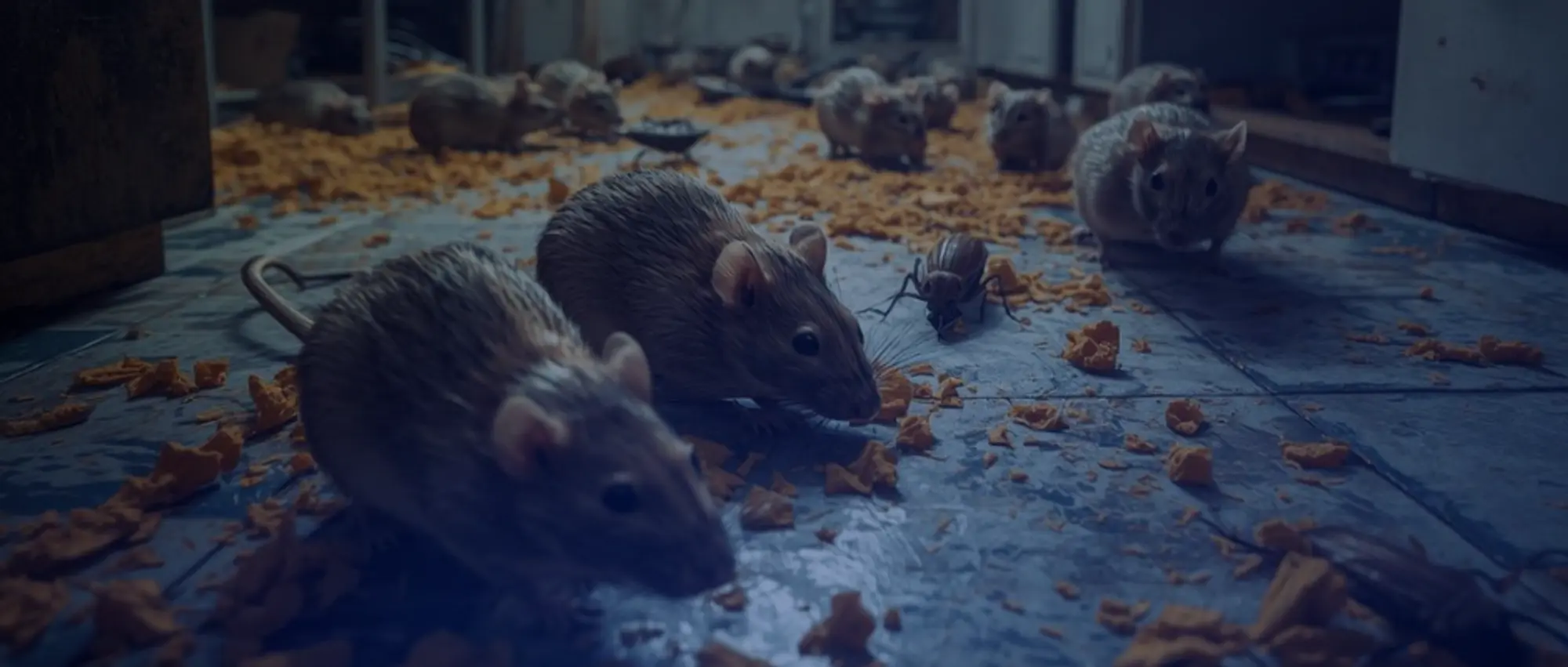 Rodent infestation with mice eating food debris requiring professional pest control treatment and liability coverage