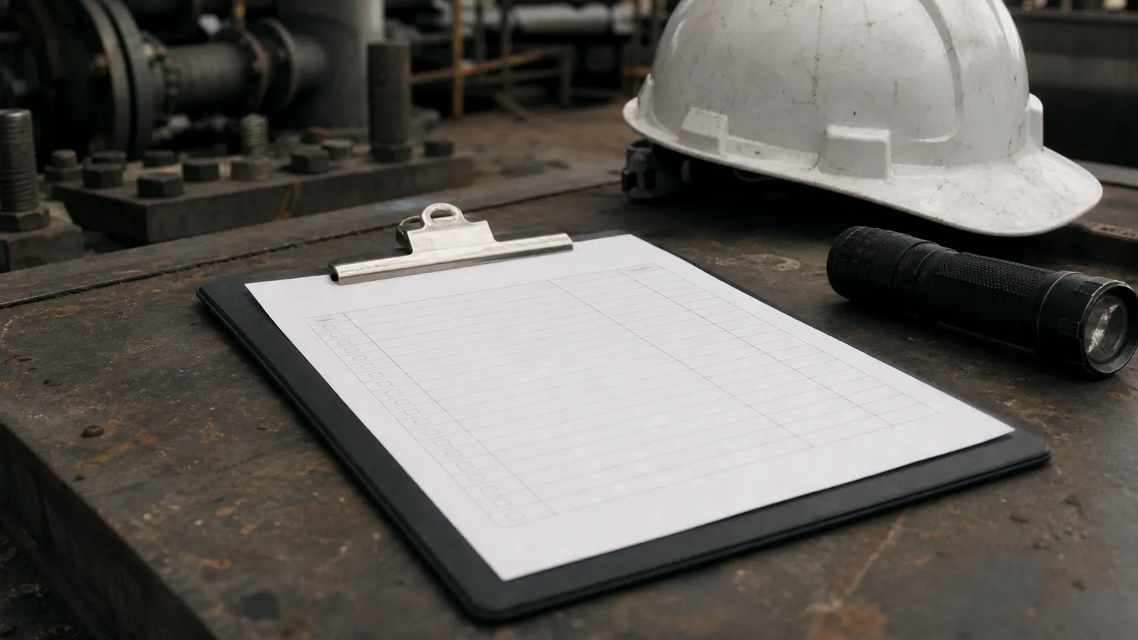 Inspection clipboard and hard hat on site table - PI cover for safety engineers