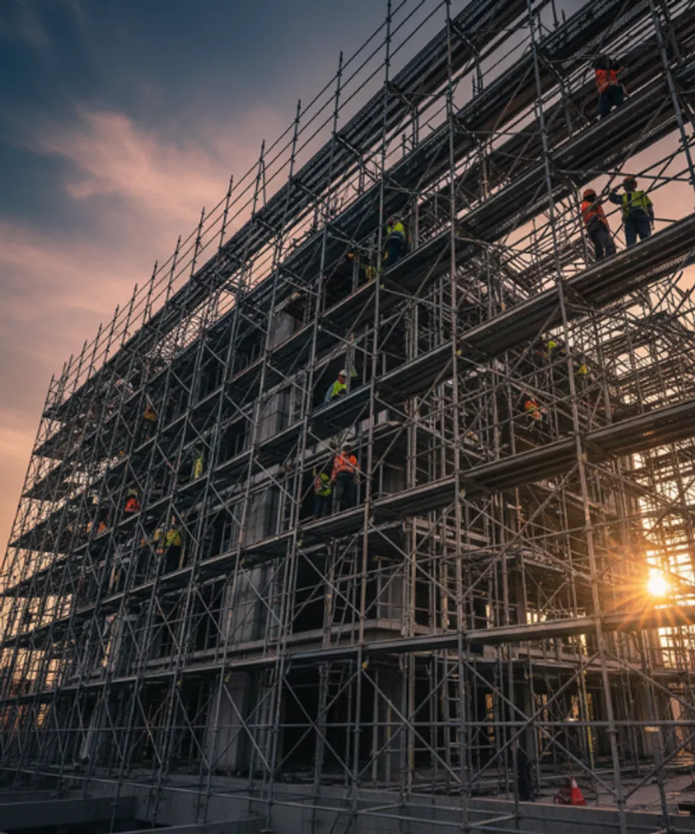 Construction workers in high-visibility vests climbing scaffolding on a multi-storey building site at sunset in Australia