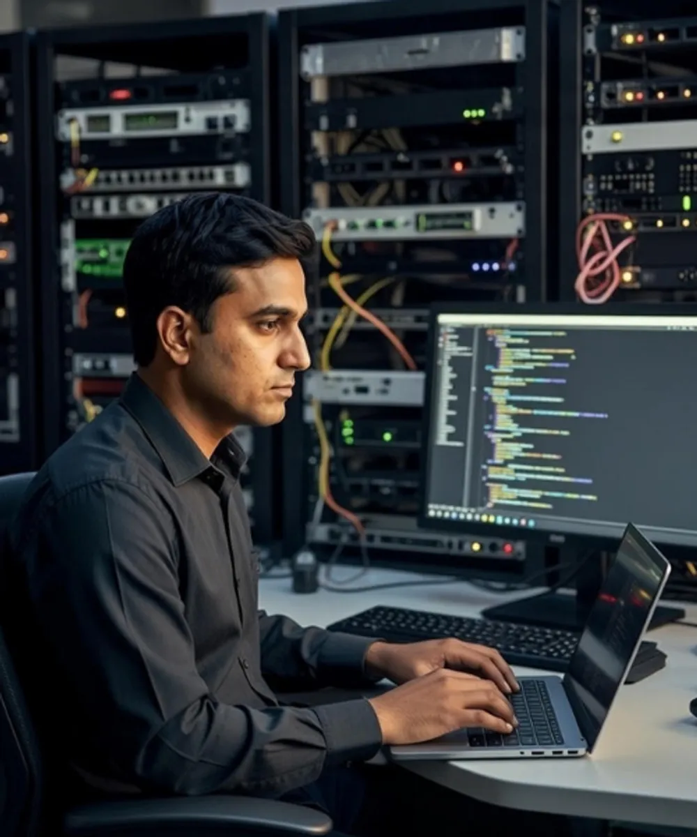 Software developer coding at multi-monitor workstation with 3D printer – professional indemnity insurance for IT consultants and developers Australia