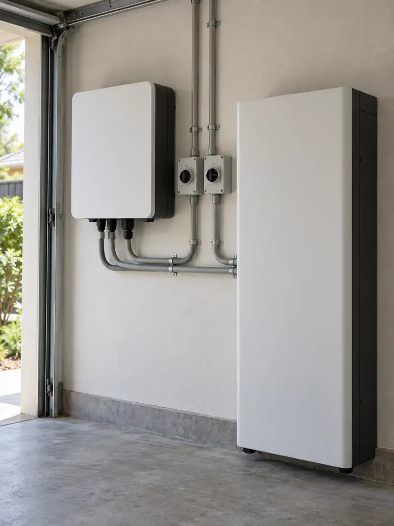 Wall-mounted solar inverter and home battery with isolator switches in a garage