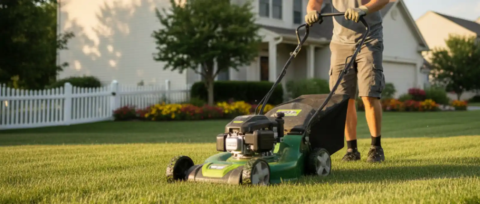 Solo lawn mowing contractor operating push mower on suburban property - small business public liability insurance Australia