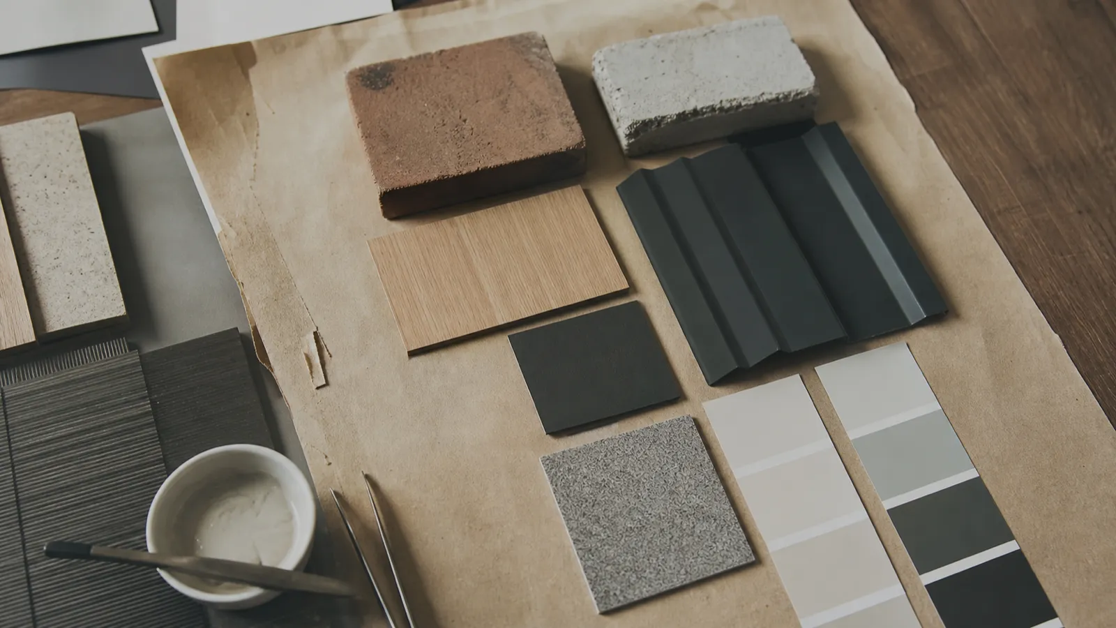 Material sample board in progress, product selection decisions behind specification writer PI