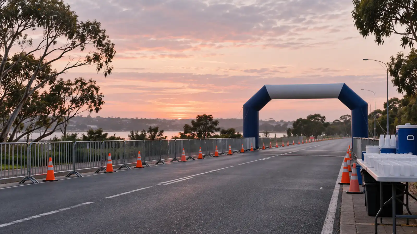 Closed road set up for a fun run start at dawn, sporting event insurance for marathons and fun runs