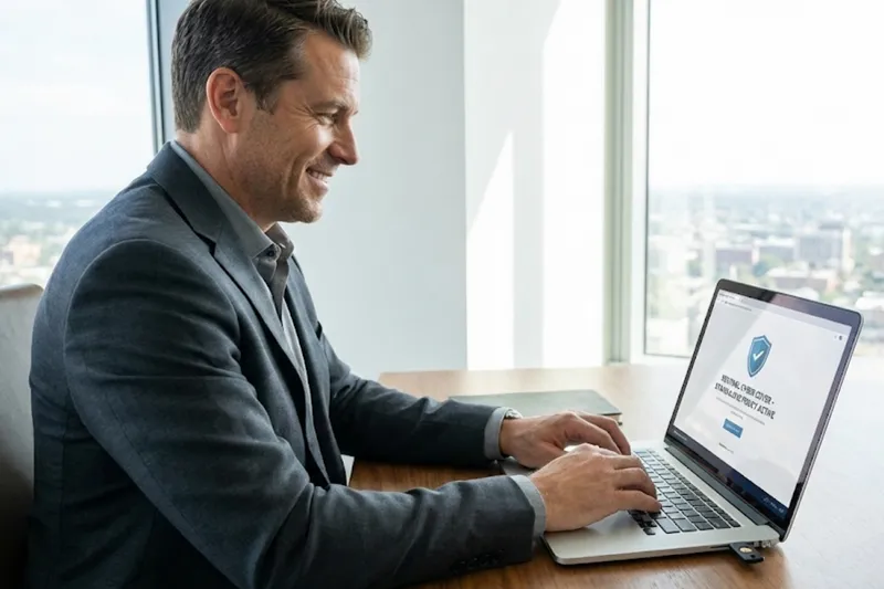 Smiling business professional using a laptop in a bright office, with a 'Cyber Policy Active' security shield visible on the screen.