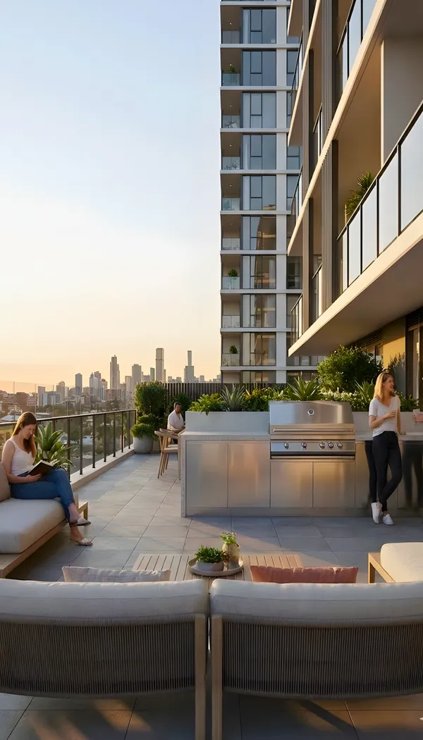 Residents relaxing on a landscaped rooftop terrace of a strata apartment building equipped with an outdoor kitchen and city skyline views.