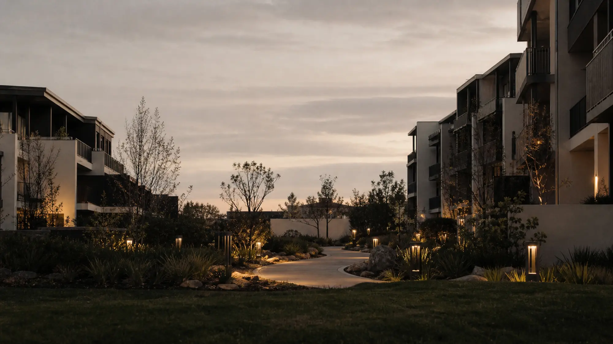 Shared strata courtyard at dusk, get a common property insurance quote