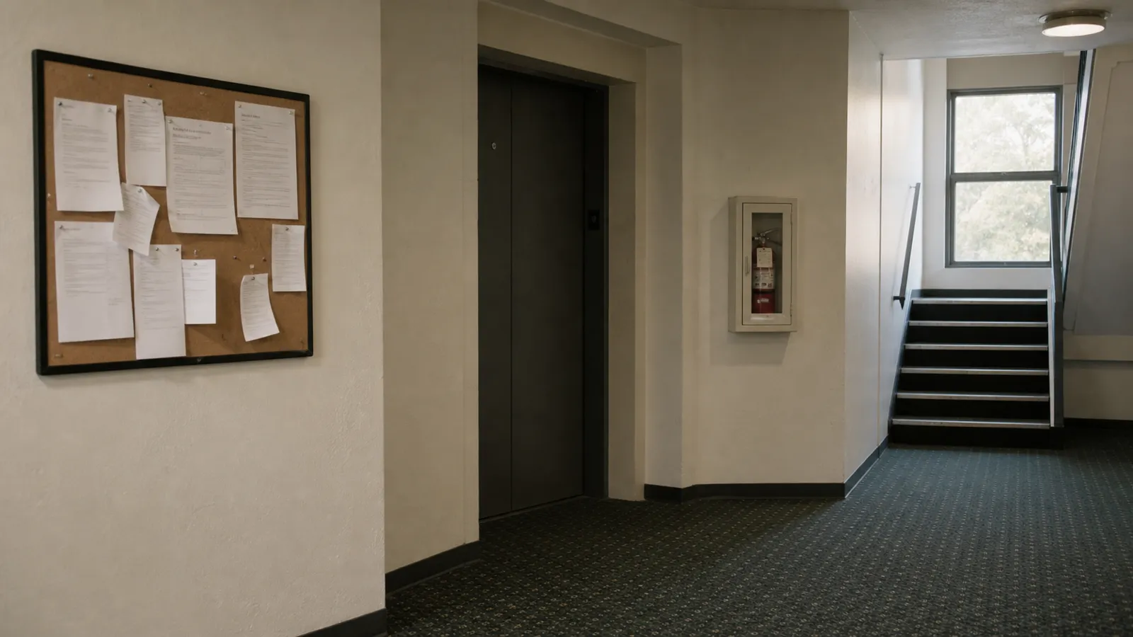 Strata foyer with lifts and notice board, shared areas covered by common property insurance