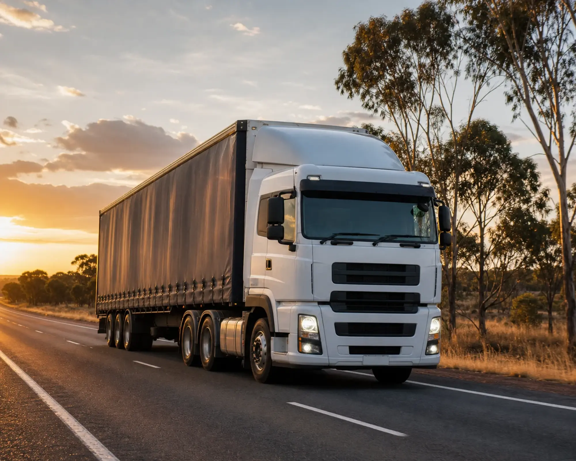 Australian cab-over semi-trailer travelling on the left side of a highway at sunset