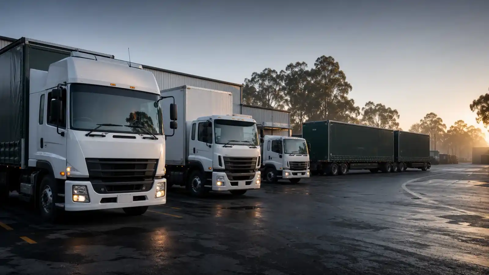 Australian cab-over prime movers and rigid trucks lined up in a transport depot at dawn