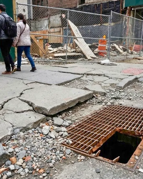 Dangerous uneven broken sidewalk and open drain creating trip hazards near an active construction site