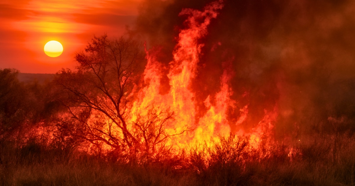 Bushfire burning through Australian bushland at sunset